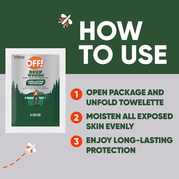 OFF! Deep Woods Mosquito and Insect Repellent Wipes, Long lasting, 12 Individually Wrapped Wipes