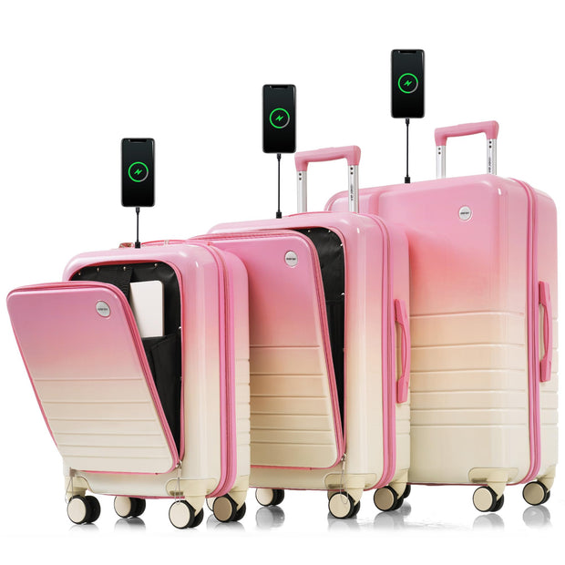 Merax Luggage Sets 3 Pcs, ABS Hardside Suit case with Spinner Wheels Lightweight TSA Lock, Gradient Pink, 20/24/28 Inch