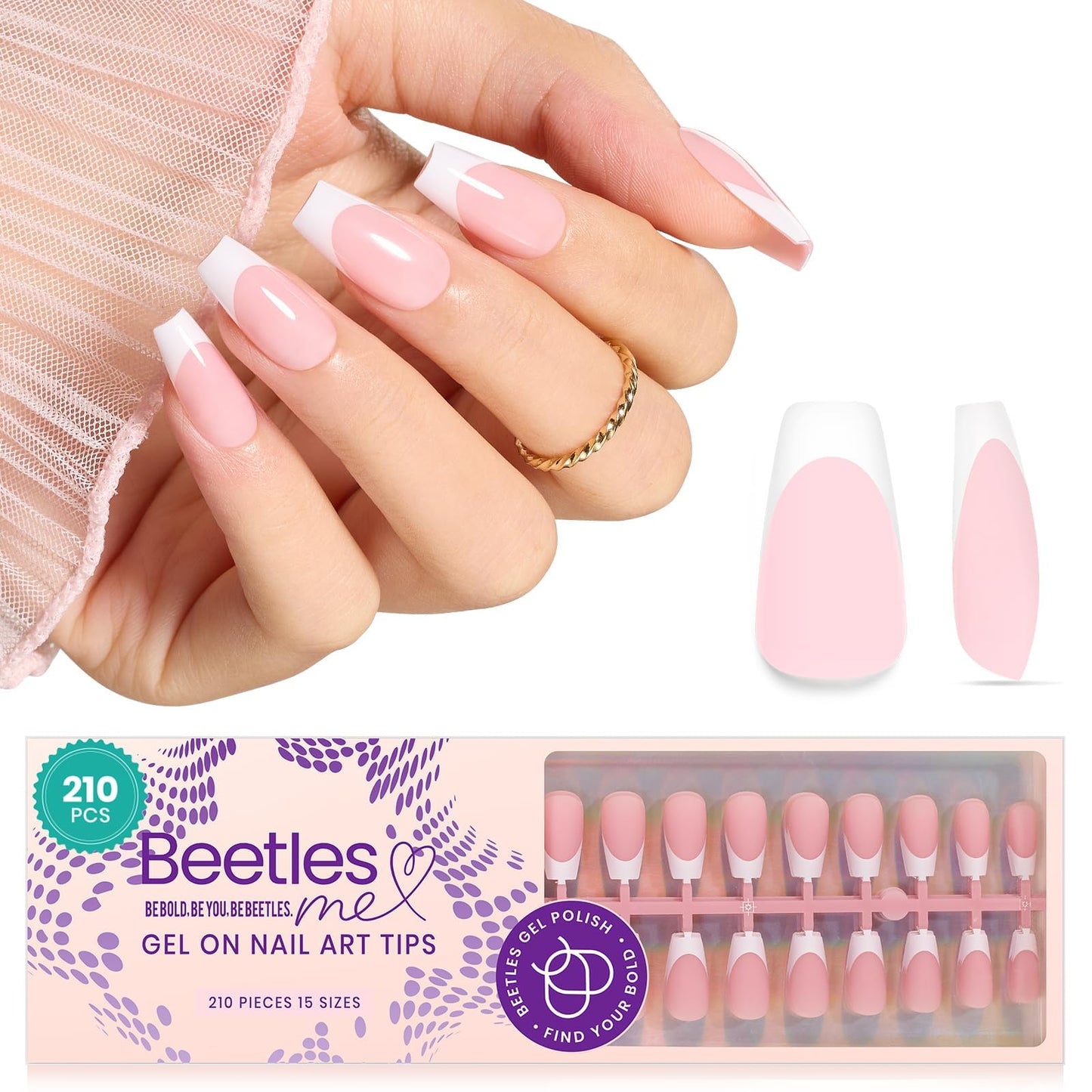Beetles Ombre Press on Nails: 224 PCS Short Almond Gel Nail Tips, Pink Press ons Pre-applied Primer & Base Coat Glue on Nail Tips, No Need to File Fake Nails DIY Nails Gifts for Women
