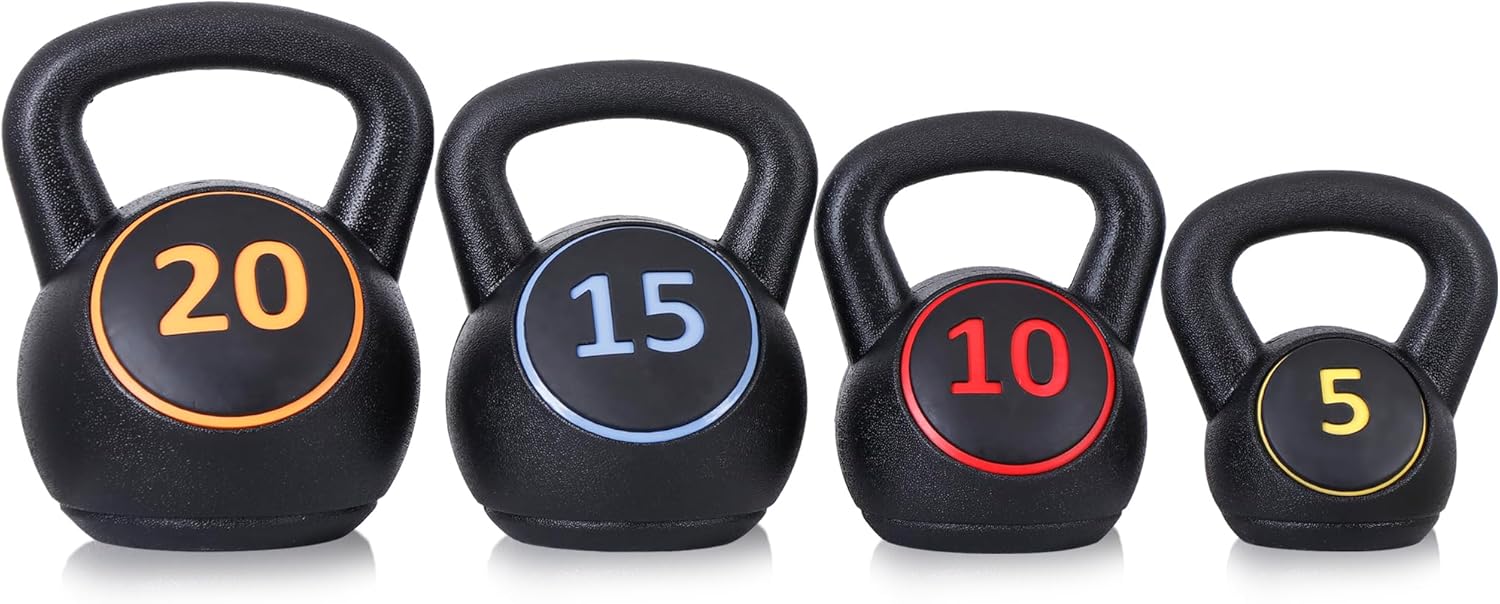 4-Piece Wide Grip Kettlebell Set, Strength Training kettlebells, 5 lbs 10 lbs 15 lbs and 20 lbs, Exercise Fitness Concrete Weight, Full Body HIIT Workout