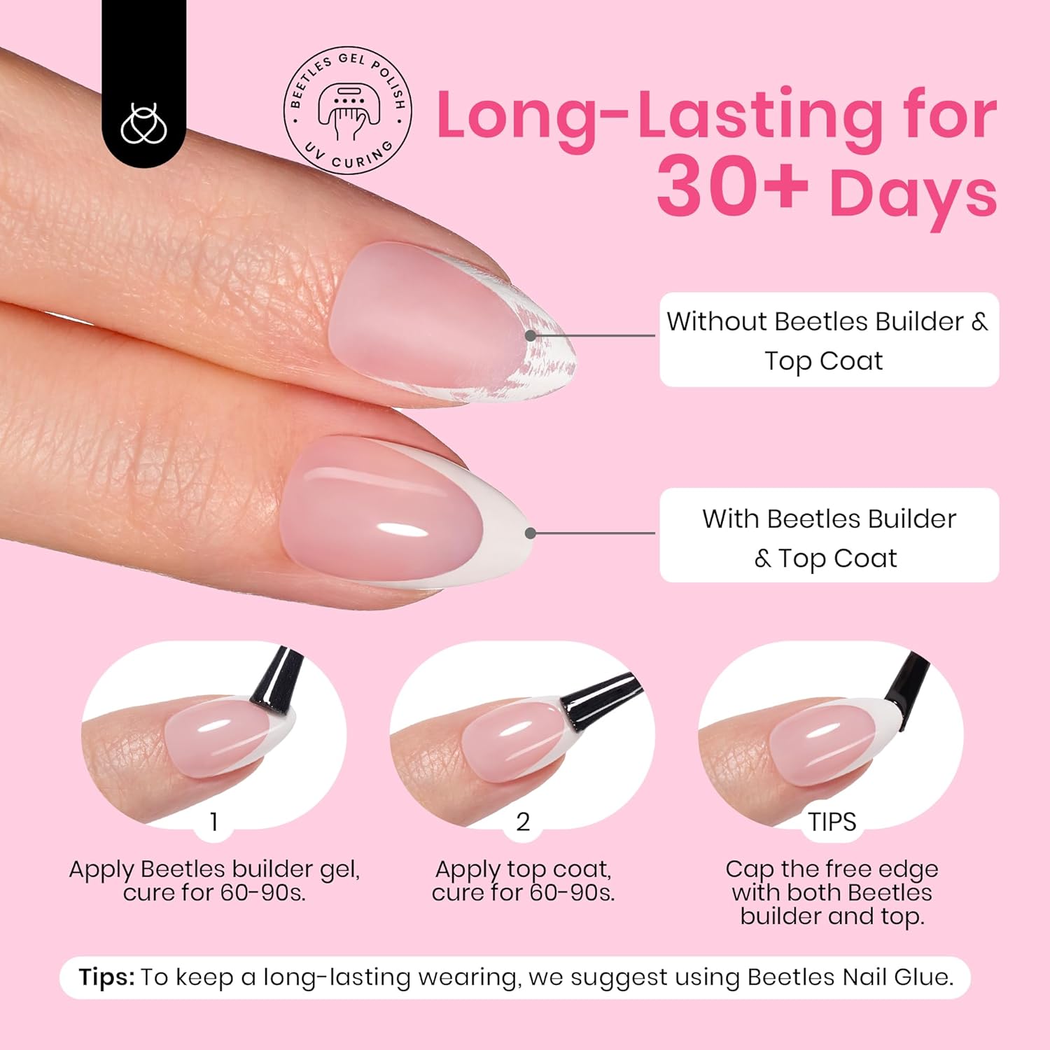 Beetles French Tip Press On Nails, 16 Sizes 224 Pcs Pink Short Almond Press On Nails 4 In 1 Gel Nail Tips Pre-Applied Primer Base Coat Soak Off Uv Nail Extension DIY Manicure Gift for Women