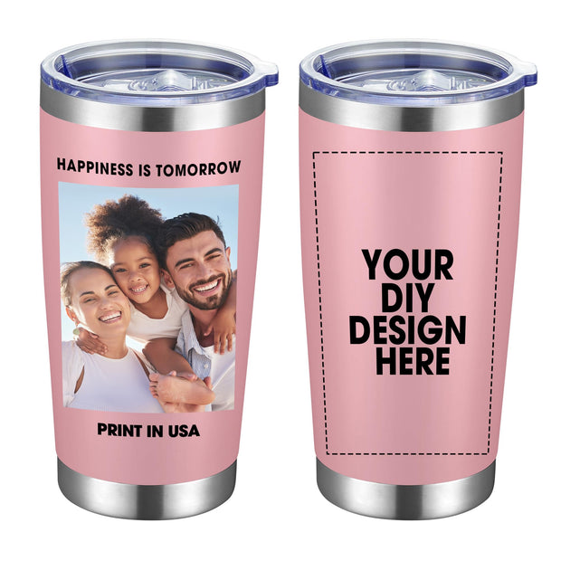 Personalized Custom Tumbler Print in USA 20oz Stainless Steel Coffee Cup with Lid & Straw Double Wall Insulated Tumbler with Colorful Text Logo Photo