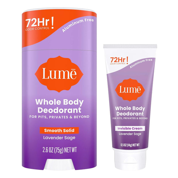 Lume Whole Body Deodorant - Invisible Cream Mini + Solid Stick Bundle - 72 Hour Odor Control - Aluminum & Baking Soda Free, Skin Loving (Lavender Sage)