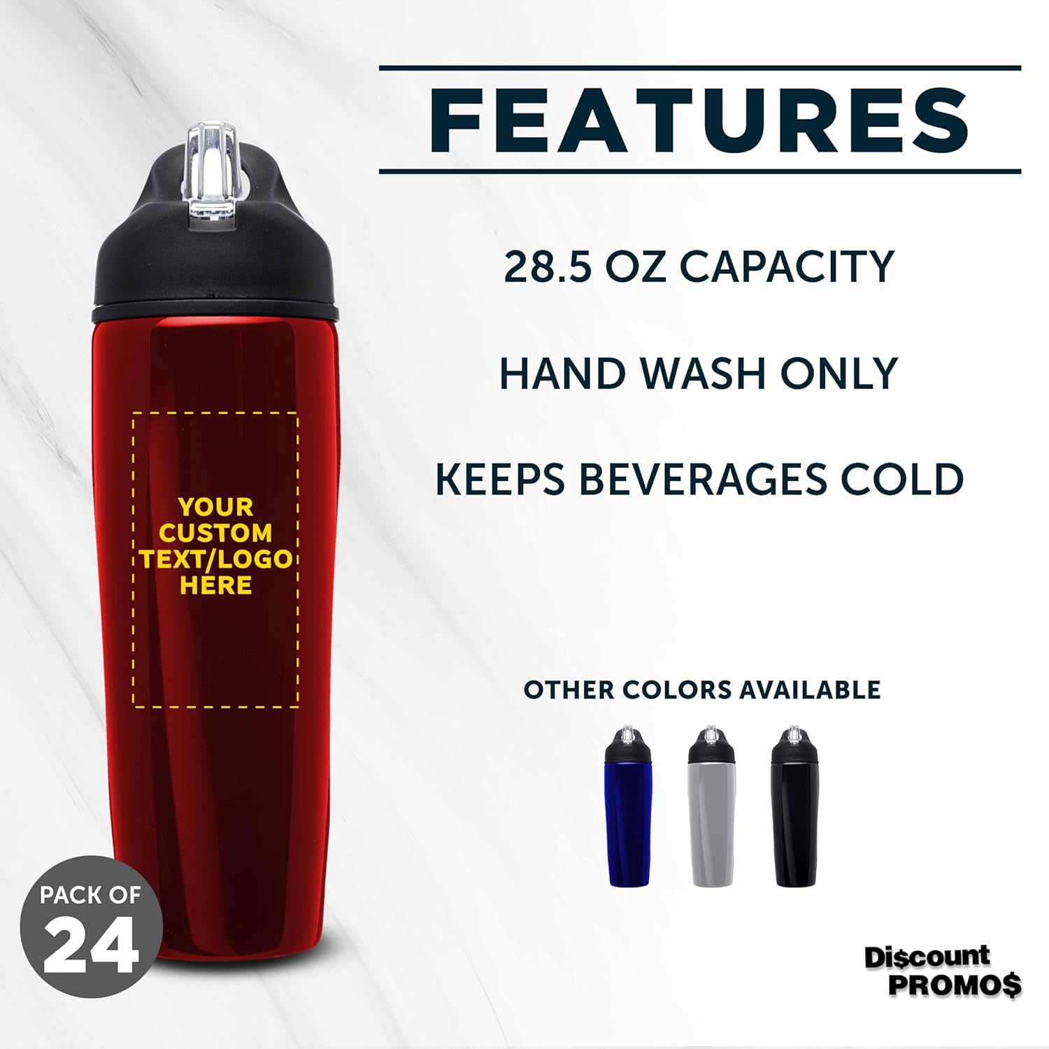 DISCOUNT PROMOS Custom Stainless Steel Water Bottle, 24 pack, Personalized Text, Logo, 28.5 oz Metal Sports Bottles with Flip Top, Easy Carrying, Red