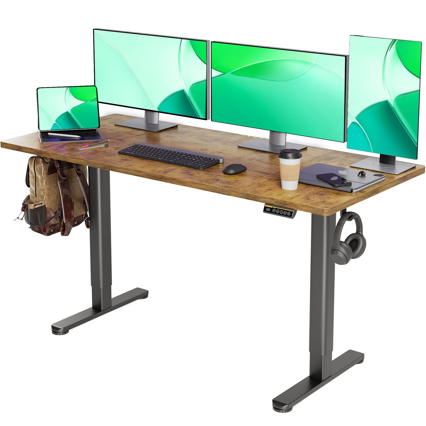 Claiks Electric Standing Desk, Adjustable Height Stand up Desk, 24x48 Inches Sit Stand Home Office Desk with Splice Board, Black Frame/Rustic Brown Top