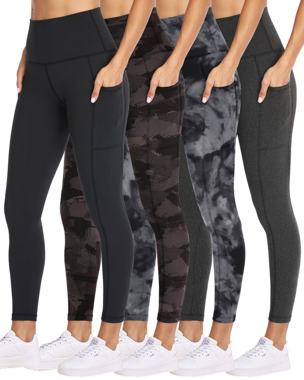 NexiEpoch 4 Pack Leggings for Women with Pockets- High Waisted Tummy Control for Workout Running Capri Yoga Pants