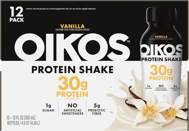 Oikos Protein Shake, Vanilla, 30g High Protein Drinks, Shelf Stable, Ready to Drink, 5g Prebiotic Fiber, 12 fl oz Bottle, 12 Count​