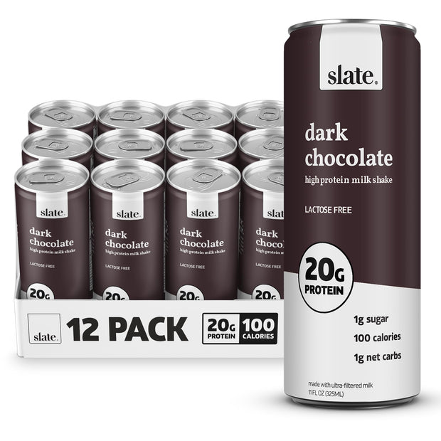 Slate Milk - High Protein Milk Shake - Core Variety Pack - Classic Chocolate, Dark Chocolate, French Vanilla - Lactose Free, 20g Protein, 1g Sugar, 100 Calories, 1-2g Net Carbs - 11 fl oz, 12 Cans