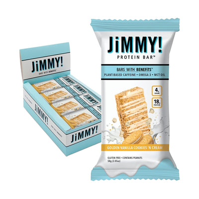 JiMMYBAR! - Golden Vanilla Cookies 'N Cream - 18g Protein Bars - Low 4g Sugar - 12 Count - Real Peanut Butter Base with Hand-Drizzled Chocolate 58g Protein Bar - Functional Meal Replacement Bars