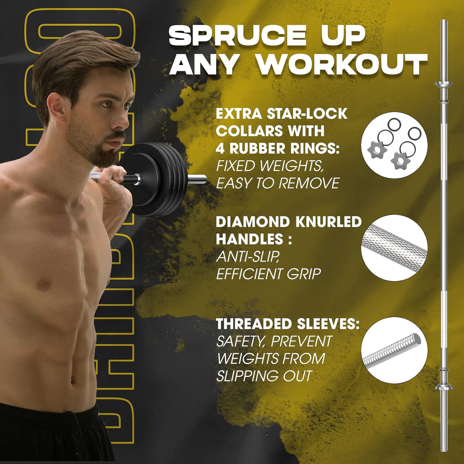Yes4All 480LB Standard Straight Barbell 60" & EZ Curl Bar 47", Weight Bar 1" Diameter - Star Lock Collars & Rubber Ring for Deadlifts, Squats
