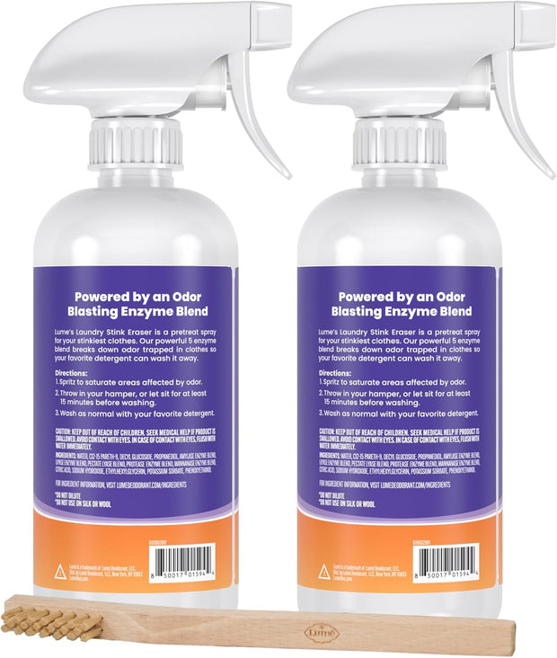 Lume Laundry Stink Eraser - Pretreat Spray & Laundry Brush - Eliminates Body Odor In Clothes - Odor Blasting Enzyme Blend - Makes Your Detergent Work Better - Free And Clear - 16 fluid ounces