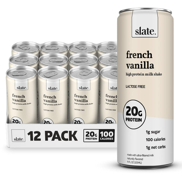 Slate Milk - High Protein Milk Shake - Core Variety Pack - Classic Chocolate, Dark Chocolate, French Vanilla - Lactose Free, 20g Protein, 1g Sugar, 100 Calories, 1-2g Net Carbs - 11 fl oz, 12 Cans