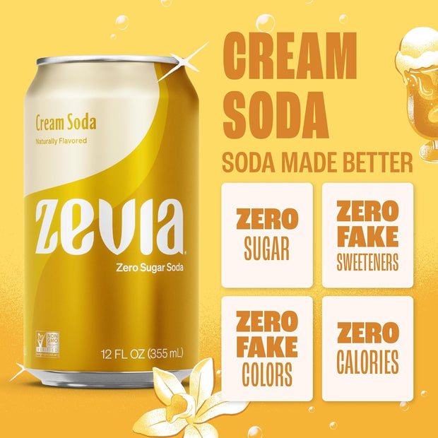 Zevia Zero Sugar Soda, Cream Soda, 12 oz Cans (24-Pack) – Naturally Sweetened, Non-GMO Project Verified, Gluten-Free, Vegan