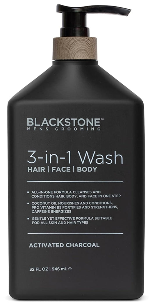 Blackstone Men's Grooming 3-in-1 Wash for Men with Coconut Oil, Vitamin B5 and Caffeine | Cleanses & Conditions Hair, Body, & Face | For All Skin & Hair Types - Activated Charcoal (32 Fl Oz)