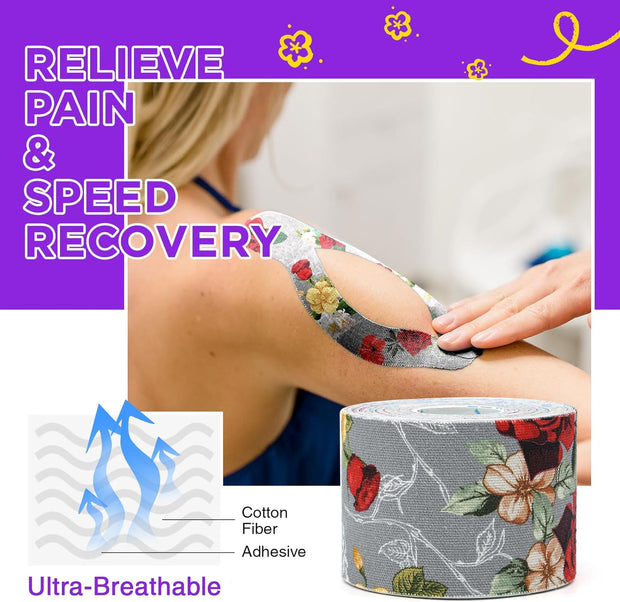 OK TAPE Patterned Kinesiology Tape, Elastic Physical Therapy Athletic Tape for Pain Relief & Muscle Support, Uncut Kinetic Tape, 2in x 16.4ft- 2 Rolls (Geometric)