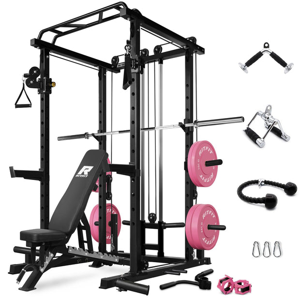 RitFit Multi-Function Squat Rack Power Cage PPC03 with Cable Crossover System, 1000LBS Capacity Power Rack and Packages with Optional Weight Bench, Barbell Weight Set, for Garage Workout & Home Gym