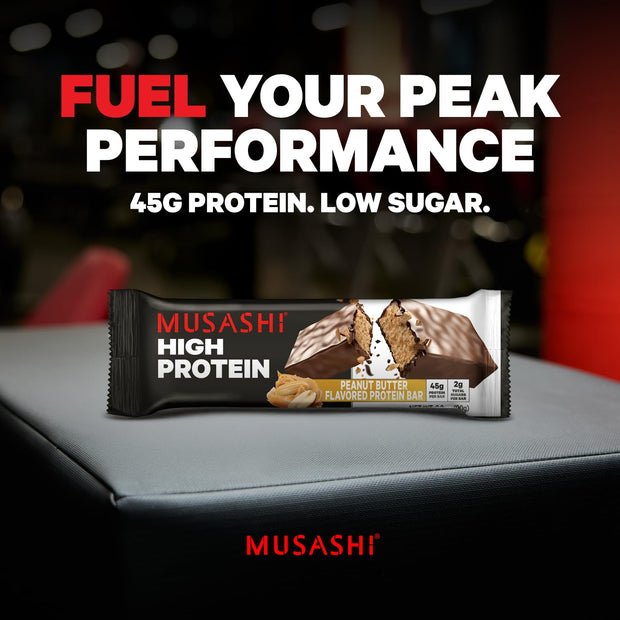 MUSASHI High Protein Bar, 45g Protein, 2g Total Sugars, Peanut Butter & Milk Chocolate Coated, Post Workout and Protein Snack On The Go, 12 Pack of 3.2oz (90g) Bars