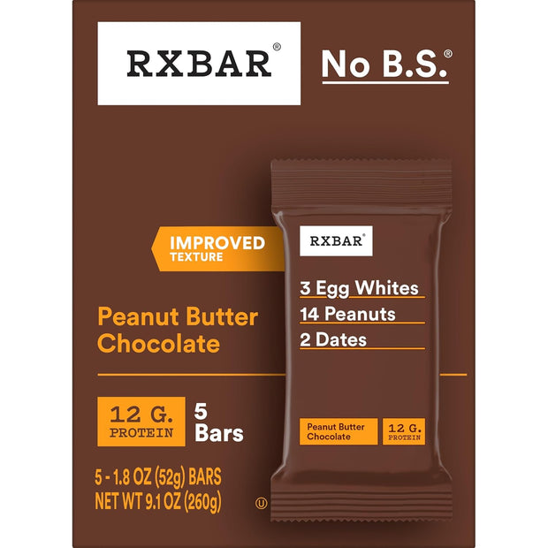 RXBAR Protein Bars, Protein Snack, Snack Bars, Peanut Butter Chocolate, 9.1oz Box (5 Count)