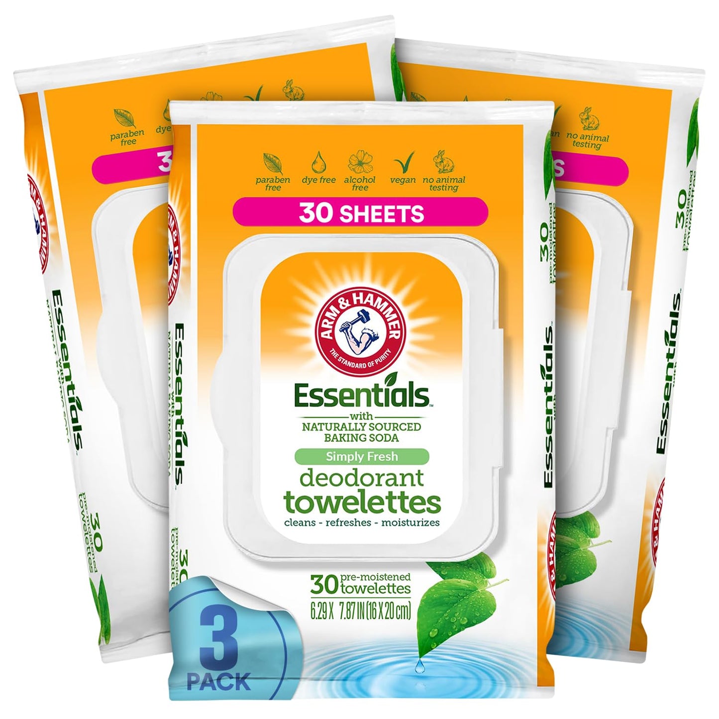 Arm and Hammer Face and Body Wipes for Adults - Deodorant Towelettes 30 Sheets for Women - Shower Wipes for Traveling, Camping, Gym, and Bathing - Alcohol-Free Face Sheets (Clear Water)