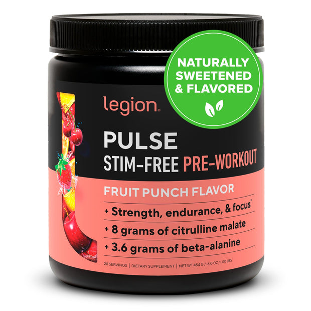 LEGION Pulse Pre Workout Supplement - All Natural Nitric Oxide Preworkout Drink to Boost Energy, Creatine Free, Naturally Sweetened, Beta Alanine, Citrulline, Alpha GPC (Caffeine Free Blue Razz)