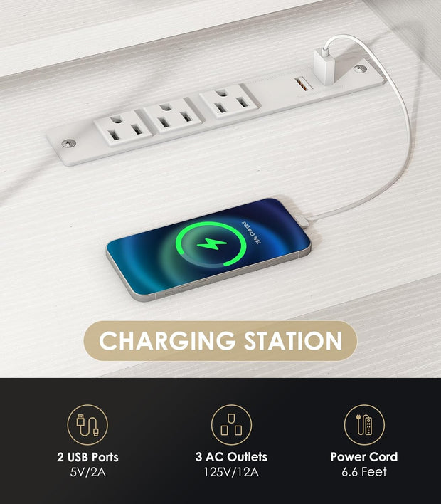 U Shaped Electric Standing Desk with Keyboard Tray, 55 Inch Height Adjustable Desk with Power Outlets & LED Lights, Sit Stand Table with Monitor Stand for Home, Office, White