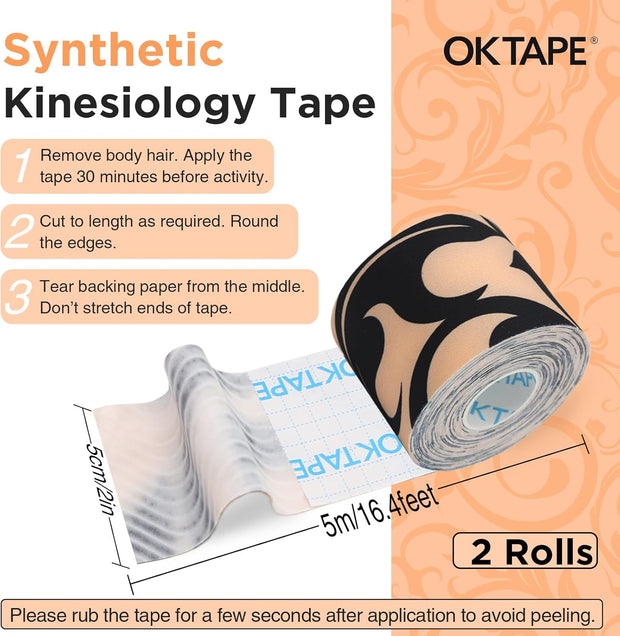 OK TAPE Patterned Kinesiology Tape, Elastic Physical Therapy Athletic Tape for Pain Relief & Muscle Support, Uncut Kinetic Tape, 2in x 16.4ft- 2 Rolls (Pyramid)