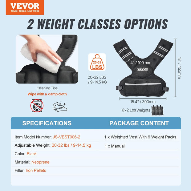 VEVOR Adjustable Weighted Vest, 11-20lb/20-32lbs/35lbs/40lbs Weight Vest with 6 Ironsand Weights and Reflective Stripe, Workout Equipment for Strength Training Running Jogging