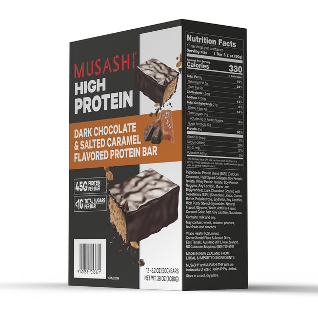 MUSASHI High Protein Bar, 45g Protein, <1g Total Sugars, Dark Chocolate & Salted Caramel, Post Workout and Protein Snack On The Go, 12 Pack of 3.2oz (90g) Bars