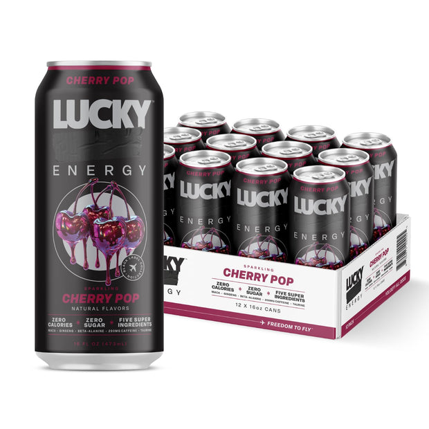 Lucky Energy Sugar Free Energy Drinks 16 Fl Oz Cans (12-Pack) Orange Drizzle with Maca, Ginseng, Taurine, Beta-Alanine, 200mg Caffeine