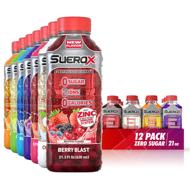 SueroX Zero Sugar Electrolyte Drink for Hydration and Recovery, Unique Blend of Electrolytes & 8 Ions, Zero Calorie Sports Drink, 21.3 Fl Oz, Variety Pack, 12 Count
