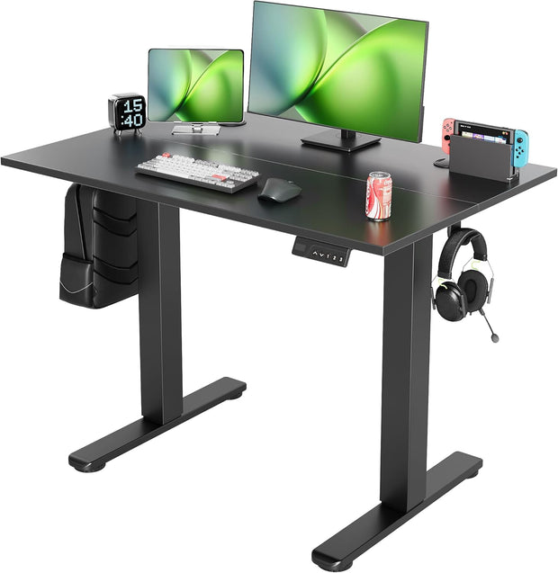 Seang Electric Standing Desk Adjustable Height, 40 x 24 Inch Sit Stand Desk with T-Shaped Frame, 3 Memory Presets & Cable Management for Home Office Computer Workstation, Black Frame/Black Top