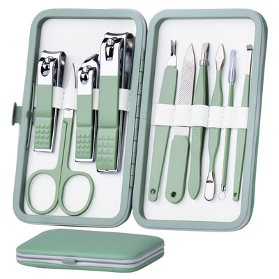 Manicure Set 10 in 1 Stainless Steel, Nail Clippers Scissors Pedicure Tools Kit - Portable Travel Grooming Kit for Men and Women with Leather Case (Jade Green)