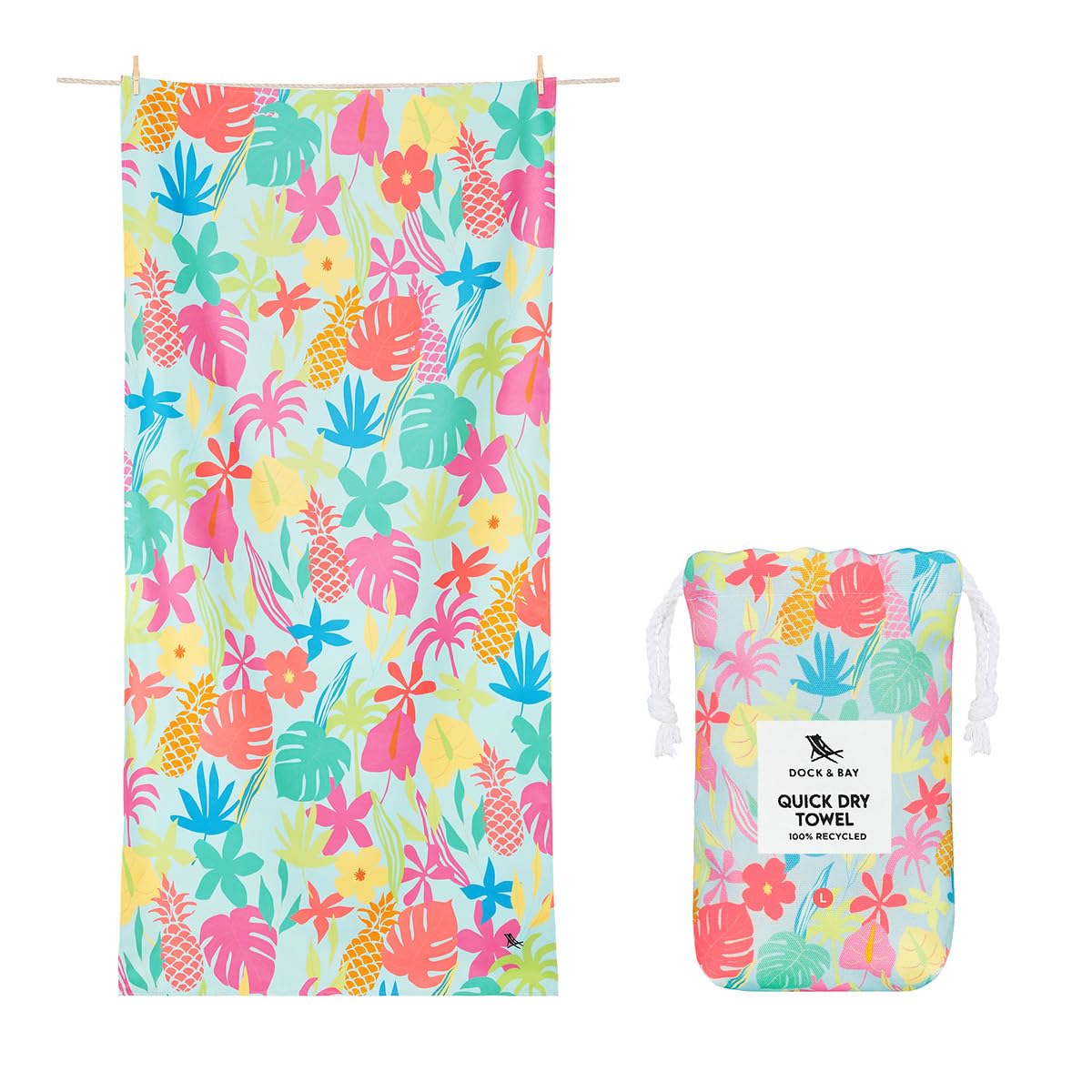 Dock & Bay Beach Towel - Quick Dry, Sand Free - Compact, Lightweight - 100% Recycled - Includes Bag - Cabana - Bondi Blue - Large (160x90cm, 63x35)