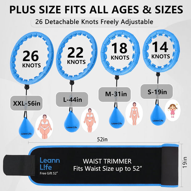 U2-26 Knots 19”- 56”, Weighted Hula Hoop for Adults Weight Loss, Infinity Hoop Plus Size, Children Adults Home Outdoors, Fun Fitness Exercise, Abdominal Toner,Free Waist Trimmer&Wash Bag