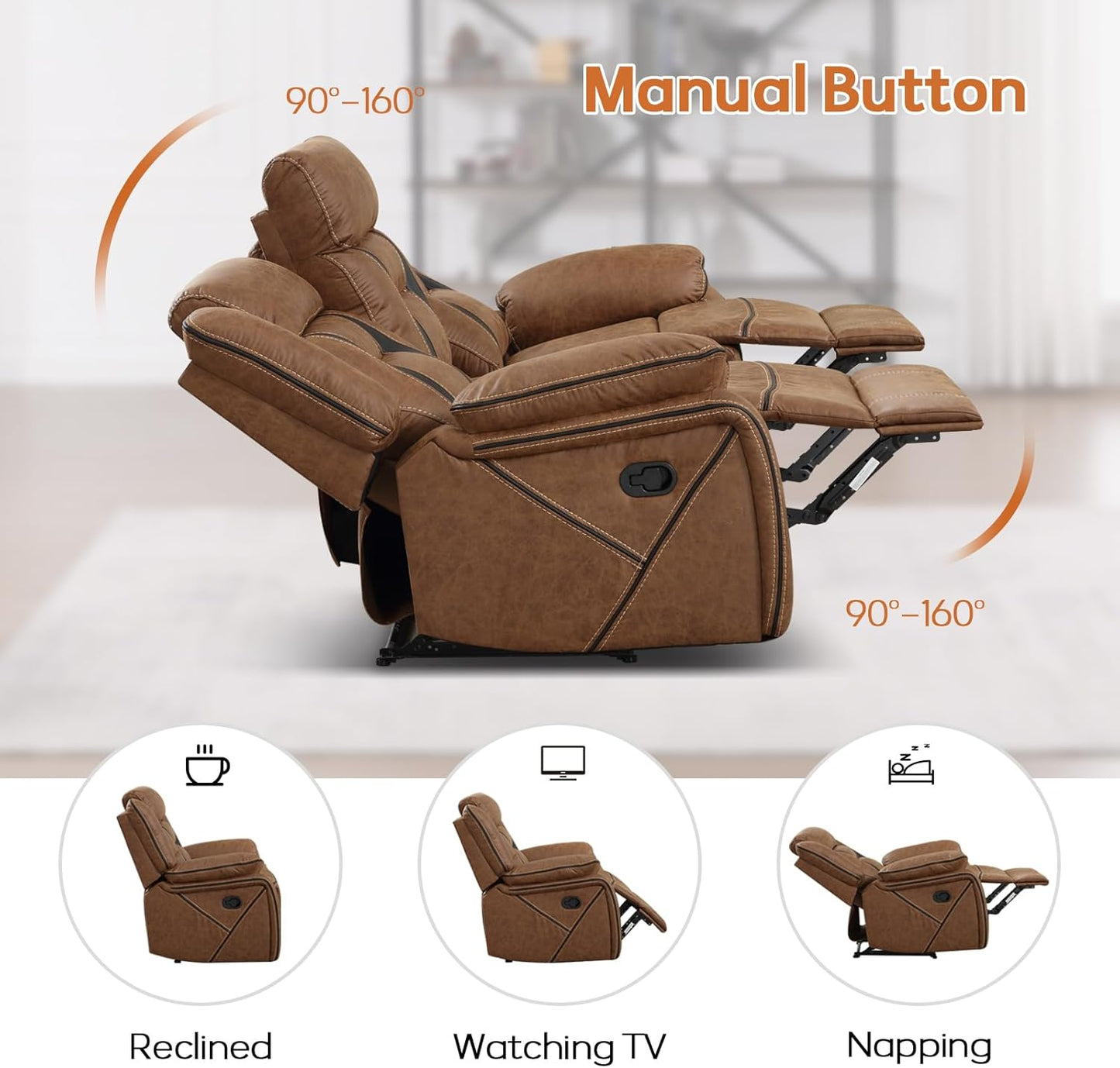 Faux Leather Recliner Sofa Furniture Set for Living Room, 2 Recliner Chairs, 3 Seat Reclining Sofa Couch Set for Meeting Room, Brown