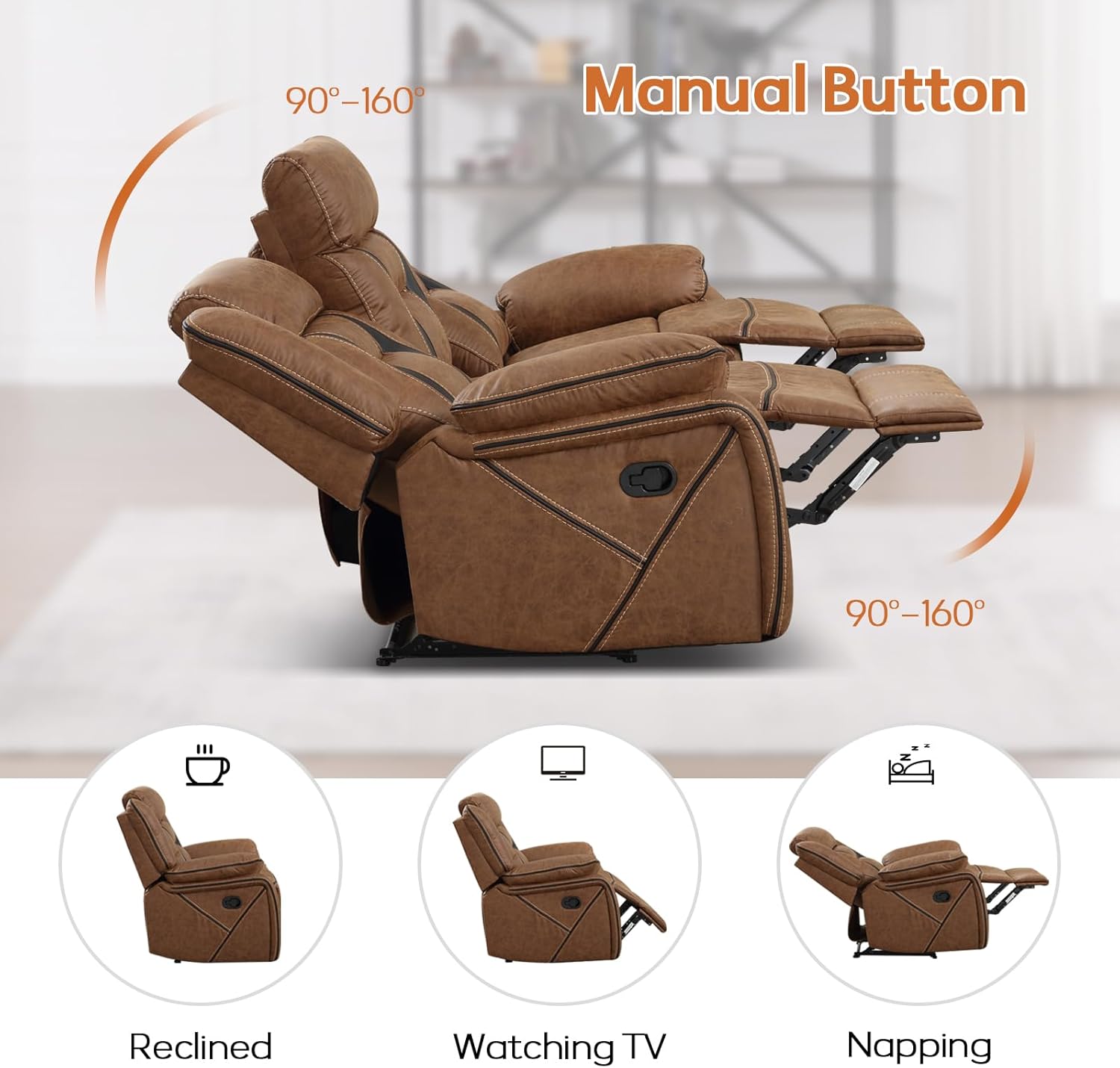 Faux Leather Recliner Sofa Furniture Set for Living Room, 2 Recliner Chairs, 3 Seat Reclining Sofa Couch Set for Meeting Room, Brown