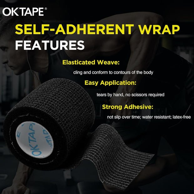 OK TAPE 12 Rolls Self Adhesive Bandage Wrap, Elastic Athletic Tape, Self Stick Bandage Tape, Vet Wrap, Medical Wrap for Wrist, Feet, 2" x 5 Yards - Black