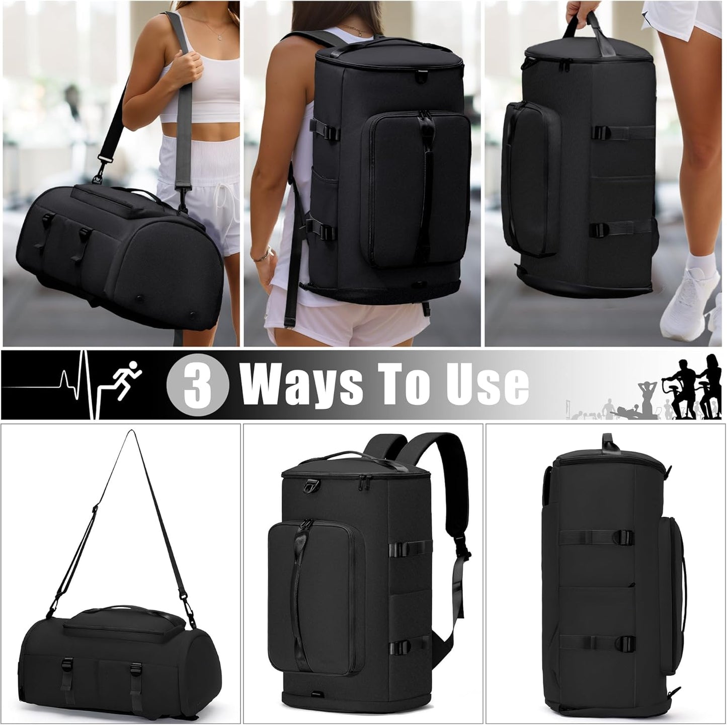 Gym Bag for Men Women with Shoes Compartment - Duffle Bag, Travel Backpack, Sports Backpack, Weekender Overnight Bag with Wet Pocket - Black, MIYCOO