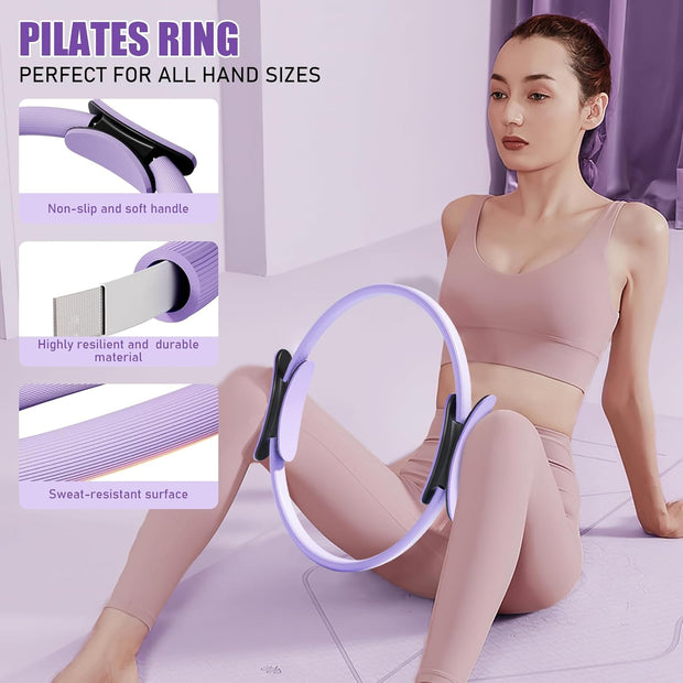 Pilates Ring Set - Home Workout Equipment Set with 12.6'' Magic Circle, 9.8'' Ball, Sliding Disks, Resistance Bands & Training Poster etc, Pilates Kit for Beginners, Fitness Gift Idea