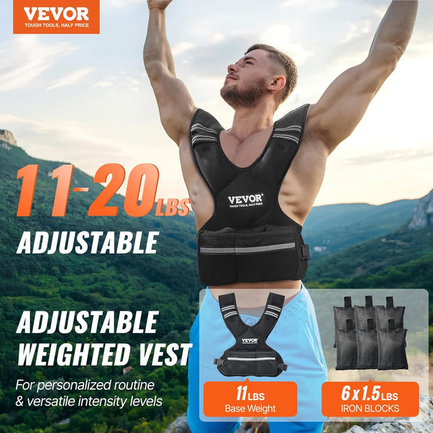 VEVOR Adjustable Weighted Vest, 11-20lb/20-32lbs/35lbs/40lbs Weight Vest with 6 Ironsand Weights and Reflective Stripe, Workout Equipment for Strength Training Running Jogging