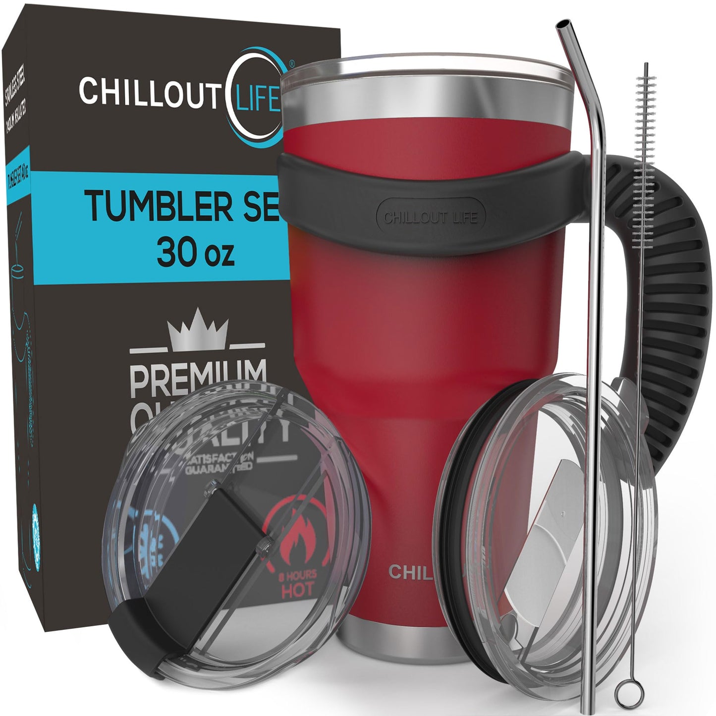 CHILLOUT LIFE Stainless Steel Travel Mug with Handle 30 oz – 6 Piece Set. Tumbler with Handle, Straw, Cleaning Brush & 2 Lids. Double Wall Insulated Large Coffee Mug Bundle