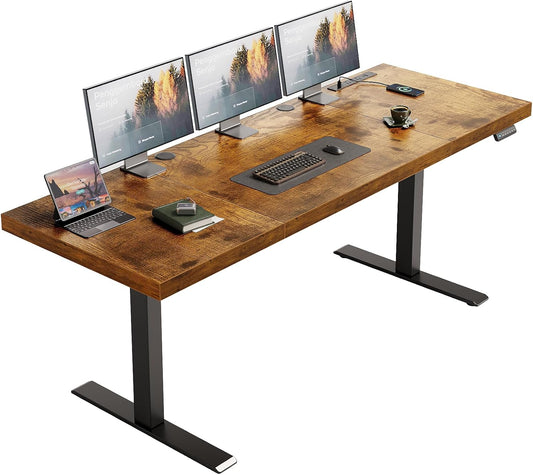 Electric Standing Desk with 3-Piece Board, 71 Inch Height Adjustable Large Desk with Power Outlets, Sit Stand Table, Writing Computer Desk for Home, Office, Workstation, Rustic Brown