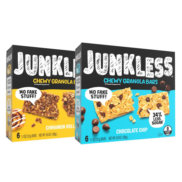 JUNKLESS Chewy Granola Bar 4‑Flavor Variety Pack (24 Bars)–Non‑GMO, Gluten‑Free, Less Sugar Snack Bars— Chocolate Chip, Peanut Butter Chocolate Chip, Cinnamon Roll & Real Strawberry, 4 Boxes