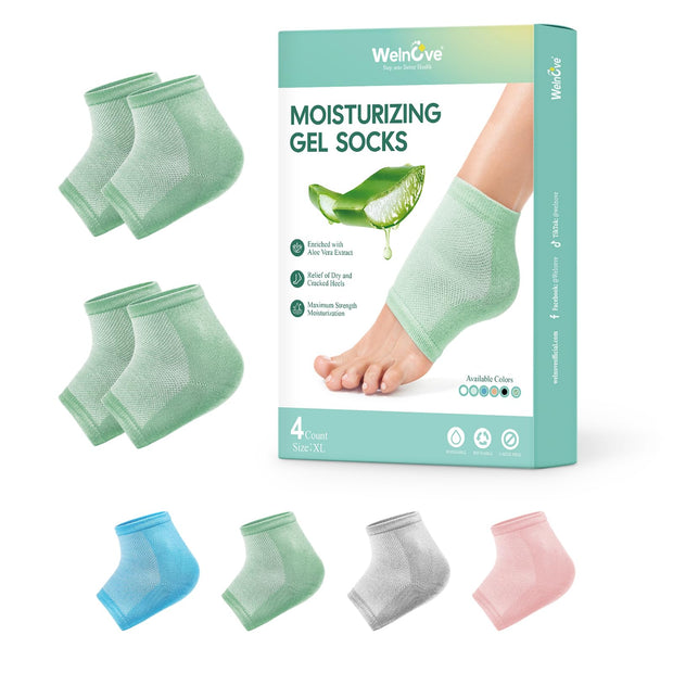 Welnove Moisturizing Heel Socks - 2 Pairs Aloe Vera Extract Infused Gel Lining for Dry Feet - Cracked Heel Repair Treatment - Cotton Socks for Women Men Foot Care (Regular Sizes)