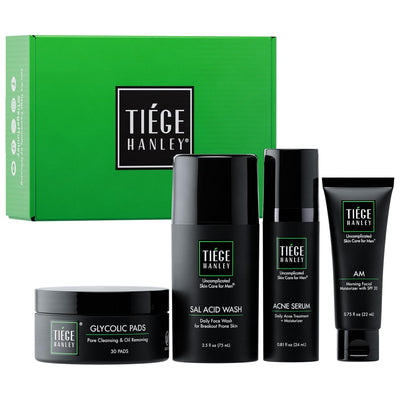 Tiege Hanley Men's Acne Treatment System (Level 2) - TiegeClear Advanced Routine for Smooth Skin - Includes Sal Acid Wash, Glycolic Acid Pads, and Serum - All Skin Types