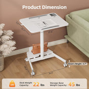 Mobile Standing Desk with Storage Base, 60° Tiltable Rolling Laptop Desk, Height Adjustable Portable Table with 4 Lockable Wheels for Home Office, White