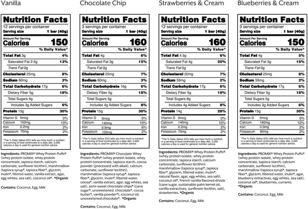 ProMix Nutrition Protein Puff Bars - Variety Pack - Vanilla, Chocolate, Strawberry, Blueberry - Marshmallow Crispy Treat - High Protein & Low Calorie - 12 Bars