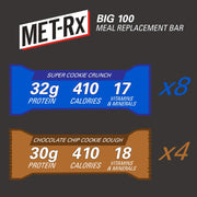 MET-Rx Big 100 Protein Bars, Meal Replacement Bars, Variety Pack - Super Cookie Crunch and Chocolate Chip Cookie Dough Bars, 12 Count, 3.52 Oz.