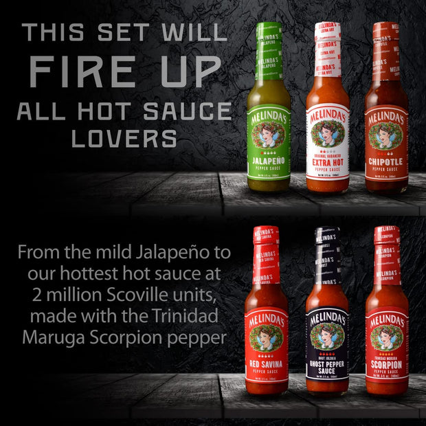 Melinda’s Pepper Sauce Challenge Collection - Extra Spicy Gourmet Hot Sauce Gift Set - Includes Jalapeño, Extra Hot Habanero, Chipotle, Red Savina, Ghost, Scorpion - 5 oz, 6 Pack