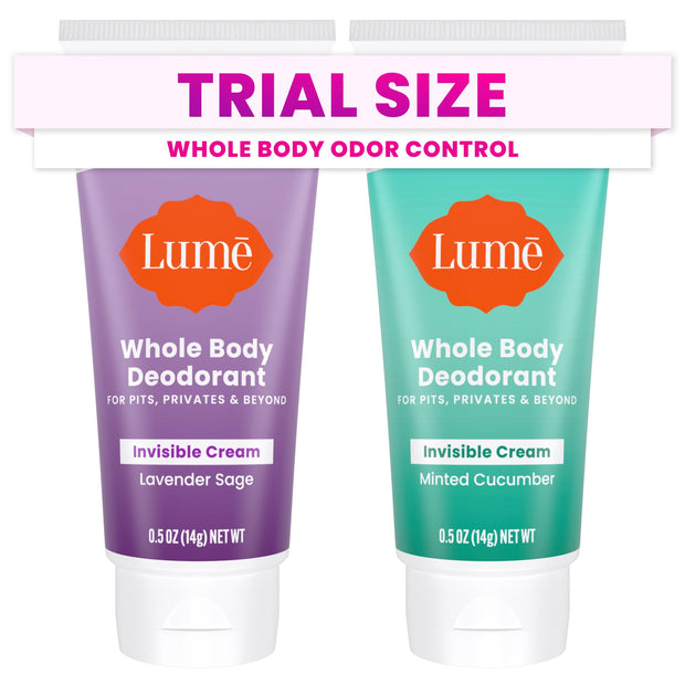 Lume Whole Body Deodorant - Mini Travel Size Invisible Cream Tube - Trial Size - 72 Hour Odor Control - Doctor Developed - Aluminum and Baking Soda Free - .5oz (Pack of 2) (Fresh Alpine & Unscented)